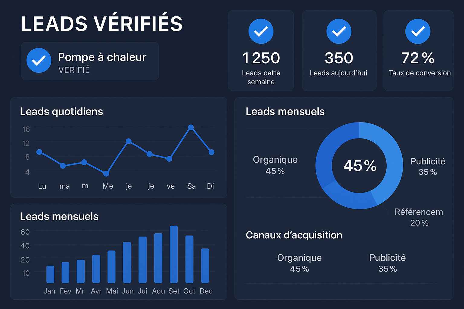 Tableau de bord illustrant la vérification et la validation des leads pompe à chaleur chez AM Performance
