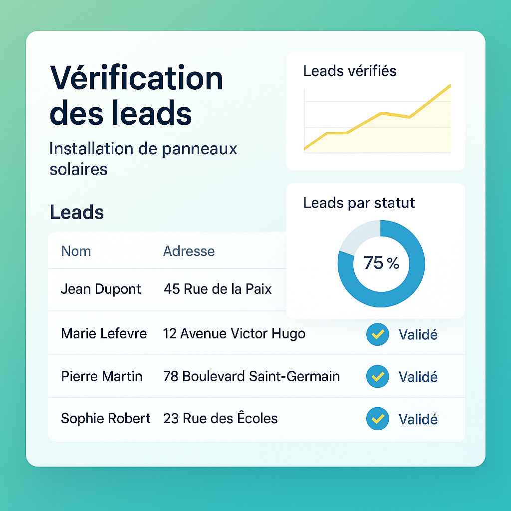 tableau de bord de vérification des leads photovoltaïques avec taux de validation et conversion